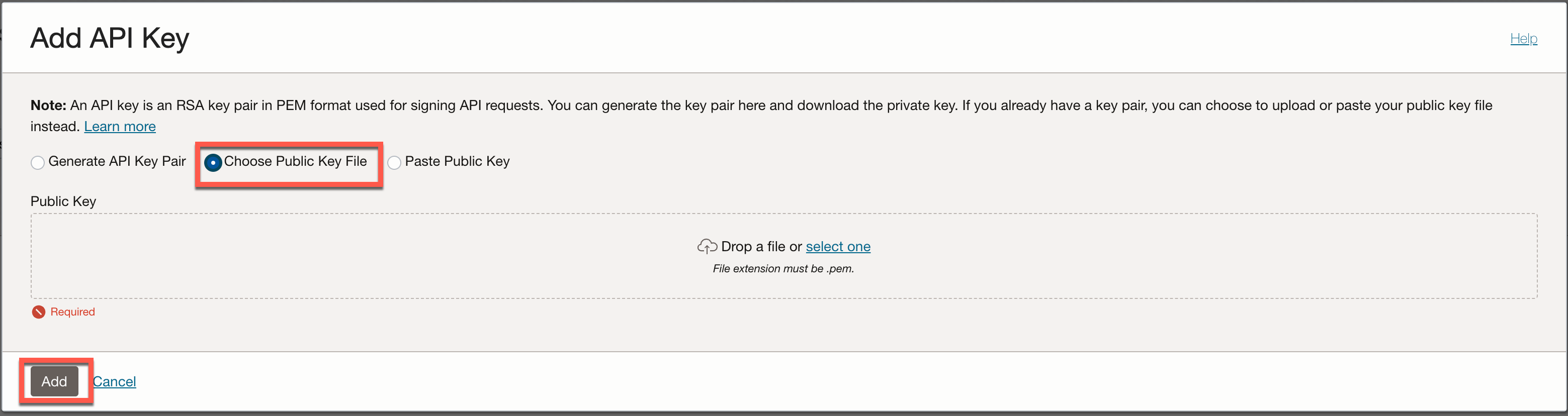 oci api keys add dialog