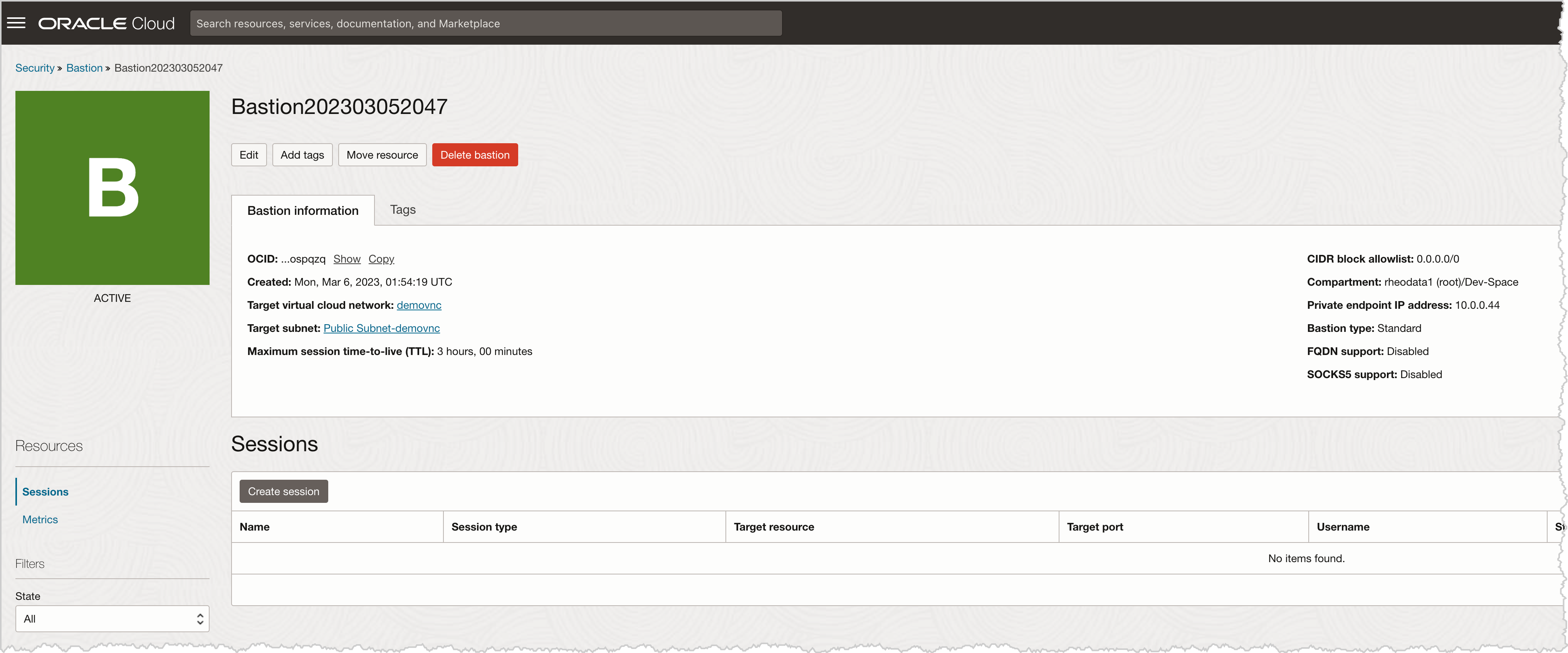 oci bastion details