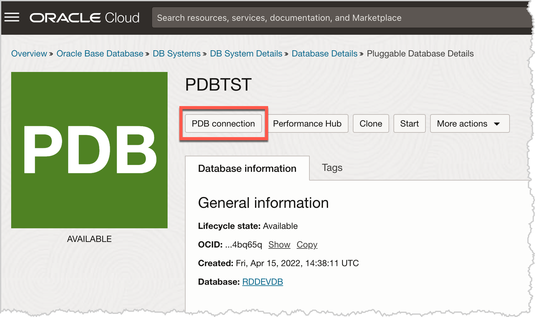 oci dbcs bastion pdb connection button