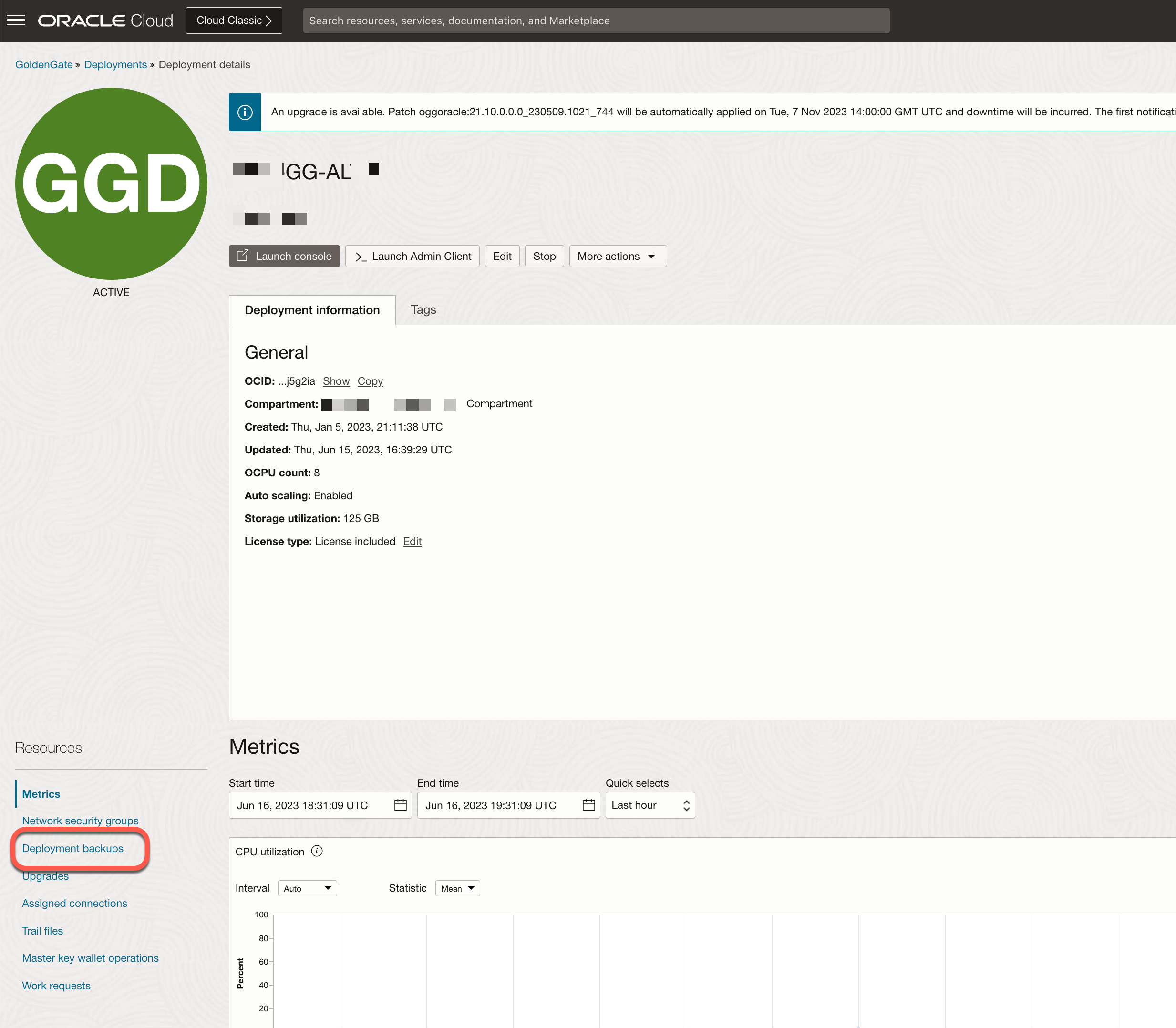 oci ggs deployment backups resources